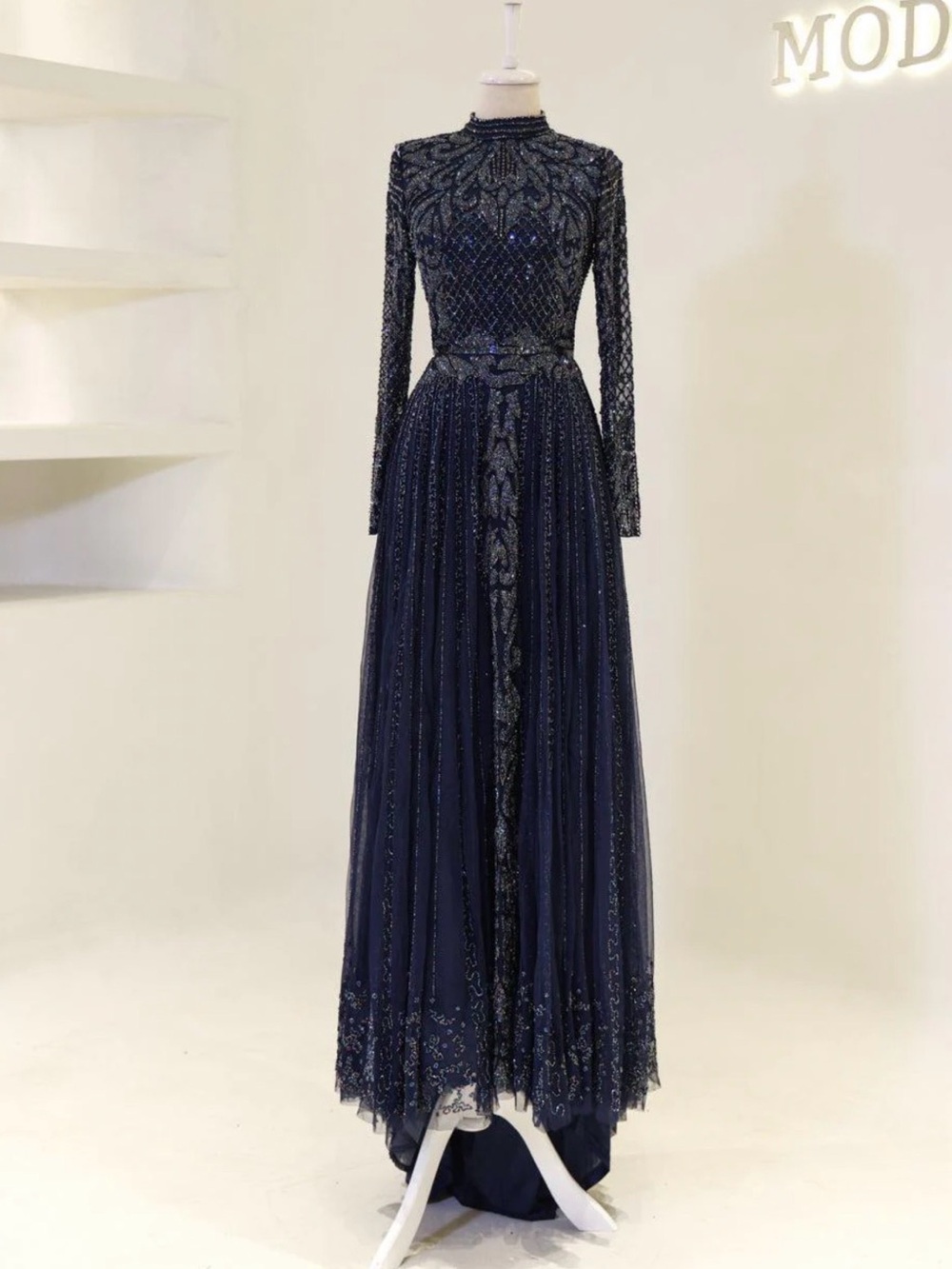Navy Blue Long-Sleeve Beaded Evening Gown